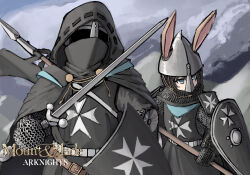  2girls allcy49 amiya_(arknights) animal_ears arknights armor artist_name brown_hair chainmail commentary_request crossover doctor_(arknights) ears_through_headwear helmet highres holding holding_polearm holding_shield holding_sword holding_weapon hood hood_up knights_templar mask medieval mount_&amp;_blade multiple_girls polearm rabbit_ears rabbit_girl shield spear sword weapon 