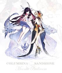  2girls alternate_costume bare_back bare_shoulders barefoot black_dress black_gloves black_hair blue_eyes blue_flower bonnet bow bow_flower braid breasts brown_hair bun_with_braided_base closed_eyes closed_mouth cloudc columbina_(genshin_impact) detached_collar dress elbow_gloves english_commentary eye_mask flower genshin_impact gloves gradient_hair hair_bun hair_ornament hair_ribbon head_wings headdress high_heels highres holding_hands large_breasts long_hair long_sidelocks looking_back mask multicolored_hair multiple_girls multiple_wings off-shoulder_dress off_shoulder open_mouth purple_hair purple_streaks ribbon sandrone_(genshin_impact) see-through_clothes see-through_mask short_hair_with_long_locks sidelocks smile streaked_hair two-tone_hair very_long_hair white_dress white_headdress white_mask white_wings wing_hair_ornament wings x-shaped_eyewear 