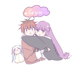  1boy 2girls :t =_= arm_wrap bandaged_arm bandages black_coat cheek_press chibi coat commentary_request cropped_torso earrings elf fern_(sousou_no_frieren) fingerless_gloves frieren gloves highres hug jewelry long_hair multiple_girls pointy_ears pout purple_hair red_eyes red_hair sachinyopo simple_background sousou_no_frieren stark_(sousou_no_frieren) twintails white_background 