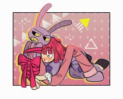  1boy 1girl animal_ears arms_behind_back black_eyes blue_dress blush bound bound_arms colored_sclera colored_teeth commentary dress frown furry furry_male hetero highres jax_(the_amazing_digital_circus) korean_commentary orock_miani overalls pink_overalls rabbit_boy rabbit_ears ragatha_(the_amazing_digital_circus) red_hair red_ribbon ribbon the_amazing_digital_circus triangle triangle_nose yellow_sclera yellow_teeth 