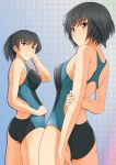  2girls amagami arms_behind_back ass back_cutout bare_shoulders black_hair breasts brown_eyes competition_swimsuit cowboy_shot from_behind holding_arm kishida-shiki multiple_girls nanasaki_ai one-piece_swimsuit short_hair short_ponytail smile swimsuit tsukahara_hibiki 