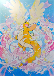  absurdres aqua_eyes claws clouds commentary domu_(hamadura) dragon dragonair dragonite dratini english_commentary evolutionary_line feathered_wings full_body head_wings highres horns mega_dragonite mega_pokemon no_humans nostrils official_art open_mouth pokemon pokemon_(creature) pokemon_focus pokemon_tcg ribbon single_horn smile star_(symbol) third-party_source wings 