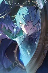 1boy absurdres black_shirt blue_hair broken_mirror closed_mouth commentary crack cracked_glass different_reflection earrings halo halo_behind_head head_wings highres honkai:_star_rail honkai_(series) jewelry kanangnsn male_focus mirror piercing reflection shirt solo sunday_(honkai:_star_rail) sunday_(sacerdos'_relived_ordeal)_(honkai:_star_rail) wings yellow_eyes 