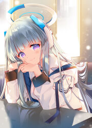  1girl arikawa_satoru blue_archive blue_necktie closed_mouth collared_shirt commentary_request desk halo headphones highres jacket long_hair long_sleeves looking_at_viewer mechanical_halo necktie noa_(blue_archive) off_shoulder open_clothes open_jacket portrait school_desk school_uniform shirt sidelocks skirt smile solo suit two-sided_fabric two-sided_jacket upper_body very_long_hair violet_eyes white_hair white_halo white_jacket white_shirt white_skirt white_suit 