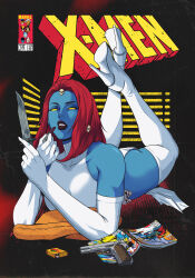  1girl applying_lipstick applying_makeup applying_own_makeup bare_shoulders blue_skin boots breasts cigarette_pack colored_sclera colored_skin comic_cover commentary commission cosmetics cover cover_page dress earrings elbow_gloves english_commentary english_text eyelashes feet_up gloves gun hair_ornament halter_dress halterneck high_heel_boots high_heels highres holding holding_knife holding_lipstick_tube jewelry jhony_caballero knife lipstick lipstick_tube long_dress looking_at_viewer lying magazine_(object) makeup marvel mature_female medium_breasts medium_hair mystique on_stomach purple_lips red_hair skull skull_belt skull_earrings skull_hair_ornament sleeveless sleeveless_dress superhero_costume thigh_boots weapon western_comics_(style) white_boots white_dress x-men yellow_sclera 