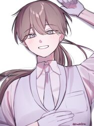 1boy amano_mashiro arm_up blush brown_hair collared_shirt commentary_request dress_shirt earrings gloves grey_eyes grey_gloves grey_necktie grey_vest grin hair_between_eyes hand_on_own_chest highres jewelry kinu100kinu looking_at_viewer low_ponytail lying male_focus mitsudomoe_koubou_(series) necktie on_back oshi_no_taisetsuna_hito_ni_narikawaru ponytail shirt simple_background single_earring smile solo stud_earrings twitter_username upper_body vest white_background white_shirt 