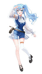  1girl absurdres aol_lo_a arahashi_tabi arm_at_side asymmetrical_legwear black_shoes blue_eyes blue_hair blue_romper blush collared_shirt commentary double-parted_bangs fishnet_thighhighs fishnets floating_hair flower frilled_romper frilled_shirt frills full_body hair_flower hair_ornament hand_up highres long_hair long_sleeves mary_janes open_mouth romper see-through_clothes see-through_sleeves shirt shoes simple_background smile solo standing standing_on_one_leg stellive thigh-highs triangle_hair_ornament twintails virtual_youtuber white_background white_shirt white_thighhighs wing_collar 
