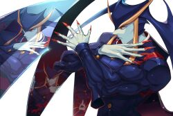  1boy biceps blood blue_skin blue_suit closed_mouth colored_skin commentary_request crossed_arms different_reflection fingernails formal_clothes jacket jedah_dohma long_fingernails male_focus mirror multiple_views muscular muscular_male protected_link red_eyes red_nails reflection rozavamp school_uniform serious sharp_fingernails simple_background suit upper_body vampire veins white_background wings 