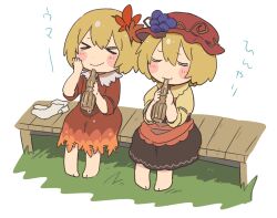  >_< 2girls aki_minoriko aki_shizuha apron barefoot blonde_hair blush bottle brown_skirt citrus_(place) closed_eyes commentary_request condensation deformed dress drinking facing_ahead grape_hat_ornament hand_on_own_cheek hand_on_own_face hat holding holding_bottle juliet_sleeves long_sleeves maple_leaf_hair_ornament mob_cap multiple_girls orange_apron orange_dress puffy_sleeves red_dress red_hat shirt short_hair siblings sisters sitting skirt smile socks touhou translation_request two-tone_dress unworn_socks white_background yellow_shirt 