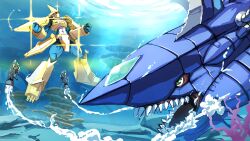  absurdres armor blue_skin claws colored_skin digimon digimon_(creature) dragon full_body gold_armor gold_helmet gold_mask green_eyes helmet highres magnamon mauro_unit_1 no_humans red_eyes shoulder_armor simple_background tail 