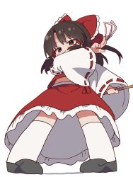  1girl bow brown_hair frilled_bow frilled_skirt frills from_below gohei hair_bow hair_tubes hakurei_reimu highres holding holding_gohei holding_ofuda looking_at_viewer magg_(user_mtca8588) midriff_peek nontraditional_miko ofuda red_bow red_shirt red_skirt ribbon-trimmed_sleeves ribbon_trim shirt simple_background skirt socks solo standing touhou white_background white_socks 