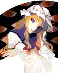  1girl blonde_hair closed_mouth commentary cyyyk dress gap_(touhou) hair_between_eyes hair_ribbon hat hat_ribbon highres long_hair long_sleeves looking_at_viewer mob_cap purple_tabard red_eyes ribbon smile solo tabard touhou upper_body violet_eyes white_background white_dress yakumo_yukari 