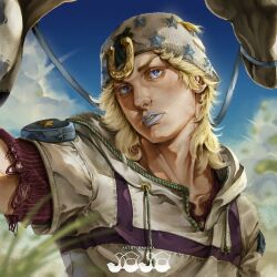  1boy artist_name beanie blonde_hair blue_eyes blue_lips blue_sky blurry blurry_foreground clouds day drawstring english_commentary hat heart_ornament highres hood hood_down hoodie horse horse_print horseshoe horseshoe_hat_ornament horseshoe_ornament johnny_joestar jojo_no_kimyou_na_bouken makeup male_focus medium_hair outdoors parted_lips raatha2909 red_sleeves reins short_sleeves sky slow_dancer_(jojo) solo star_(symbol) star_print steel_ball_run two-tone_sleeves upper_body white_hat white_hoodie white_sleeves zipper zipper_pull_tab 