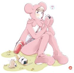  ? animal_costume animal_ear_hood bird brown_eyes character_name chun-kun commentary_request eating flower food food_on_face grass hands_up hiyori-chan_(yuru-chara) hood hood_up knees_together_feet_apart knees_up looking_at_viewer on_ground onigiri parted_lips pink_eyes pink_hood signature sitting speech_bubble spoken_question_mark studio_carmine thermos yellow_flower yuru-chara 