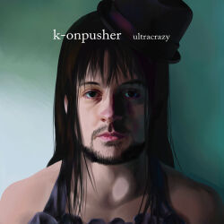  1boy akiyama_mio album_cover_redraw beard black_eyes black_hat blue_background brown_hair closed_mouth commentary_request cosplay crossdressing crossdressing_(mtf) derivative_work english_text expressionless facial_hair hat k-on! kai_(ouf) long_hair looking_ahead looking_at_viewer male_focus mini_hat portrait squarepusher straight-on strap ultravisitor_(album) 