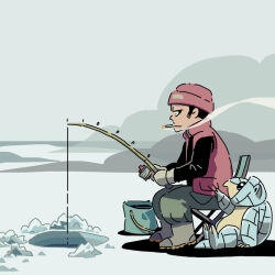  1boy alolan_sandshrew beanie boots bucket commentary fisher_(pokemon) fishing_rod full_body hat holding holding_fishing_rod ice_fishing jacket long_sleeves male_focus pokemon pokemon_gold/silver/crystal red_hat red_jacket saboteri_(savot) sitting smoke smoke_trail smoking 