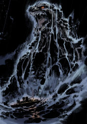  boat giant giant_monster glowing glowing_eye godzilla godzilla_(series) highres jaw kaiju matias_bergara monster night no_humans ocean open_mouth outdoors spines teeth tongue upper_body water watercraft waves waving 
