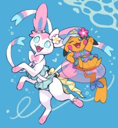  absurdres animal_focus aqua_bikini bikini blue_background blue_bikini blue_eyes blue_hat bow bright_pupils clothed_pokemon commentary fangs floral_print flower frilled_bikini frills full_body hat highres looking_at_another lovewolf5122 ms._wavychu no_humans one_eye_closed open_mouth pikachu pink_flower pink_fur pokemon pokemon_(creature) pokemon_focus pokemon_winds_and_waves ribbon simple_background swimsuit sylveon two-tone_fur untranslatable_commentary waving white_fur white_pupils yellow_bow yellow_flower yellow_fur 