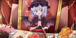  +_+ 1girl alcohol alternate_color artist_request ascot bat_wings black_hat black_shirt blue_hair blush bottle bow brooch chicken_(food) collared_shirt cup drinking_glass drooling fang food food_request fork frilled_shirt_collar frills game_cg hat hat_ribbon highres holding holding_fork jewelry mob_cap mouth_drool official_art open_mouth own_hands_together puffy_short_sleeves puffy_sleeves red_ascot red_bow red_eyes red_nails remilia_scarlet remilia_scarlet_(tiny_devil_mistress) ribbon shirt short_sleeves sitting sleeve_bow smile solo sparkle third-party_source touhou touhou_lostword wine wine_bottle wine_glass wings wrist_cuffs 