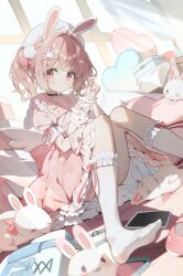  1girl absurdres animal animal_ears bag blush bow cellphone character_request choker commentary_request commission copyright_request dress frilled_dress frilled_socks frills hair_ornament hat heart highres holding holding_animal indoors kneehighs knees_up looking_at_viewer lumo_1121 making-of_available no_shoes phone pillow pink_bow pink_dress pink_shoes puffy_short_sleeves puffy_sleeves rabbit rabbit_ears rabbit_hair_ornament sailor_collar shoes short_sleeves sitting skeb_commission smartphone socks solo stuffed_animal stuffed_rabbit stuffed_toy twintails unworn_shoes white_socks window wrist_cuffs 