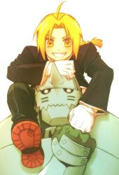  2boys alphonse_elric black_boots black_jacket black_pants blonde_hair boots braid brothers carrying commentary edward_elric fullmetal_alchemist gloves grin highres jacket living_armor long_hair male_focus multiple_boys pants shoulder_carry siblings simple_background smile tennnn001 white_background white_gloves yellow_eyes 