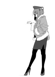  alternate_costume beret full_body fur-trimmed_jacket fur_trim greyscale hat headgear high_heels jacket kantai_collection looking_at_watch monochrome pantyhose pencil_skirt short_hair short_hair_with_long_locks skirt standing taihou_(kancolle) tamu_(mad_works) watch watch 