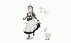  1girl :d absurdres animal arknights bird black_gloves dress earrings full_body gift_art gloves goose grey_hair happy_birthday hat head_wings highres irene_(arknights) irene_(voyage_of_feathers)_(arknights) jewelry long_hair long_sleeves maid myticalcat official_alternate_costume open_mouth party_hat ponytail scar scar_across_eye scar_on_face simple_background smile solo white_background white_dress wings 