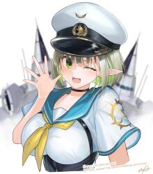  1girl absurdres alfhilde_odinsdottir astraline blue_sailor_collar breasts colored_inner_hair freckles green_eyes green_hair hat highres jazztaki large_breasts military_hat multicolored_hair one_eye_closed open_mouth pointy_ears sailor_collar shirt short_hair virtual_youtuber waving white_background white_hat white_shirt 