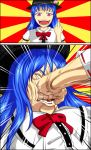  2girls blue_hair bow clenched_hand colored_eyelashes face_punch food fruit hakurei_reimu hat hidaruma hinanawi_tenshi long_hair man_face middle_finger multiple_girls open_mouth out_of_frame peach punching red_eyes ribbon-trimmed_sleeves ribbon_trim short_sleeves smile sunburst teeth touhou 