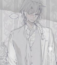  ... 1boy arms_at_sides braid bright_pupils collared_shirt commentary fate/grand_order fate_(series) flower grey_eyes grey_necktie grey_vest hair_between_eyes hair_over_shoulder jacket long_hair looking_at_viewer male_focus marisbury_animusphere necktie parted_lips plm233 rose scratches shirt single_braid single_off_shoulder smile solo speech_bubble spoken_ellipsis straight-on twitter_username untranslatable_commentary upper_body vest white_hair white_jacket white_pupils white_shirt 