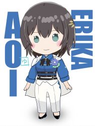  1girl aoi_erika aoi_erika_(connect_legacy) black_hair blue_eyes blue_suit blush character_name chibi chibi_only closed_mouth commentary_request deformed heaven_burns_red highres short_hair simple_background suit white_background yuyu0_0yu_hvbn 
