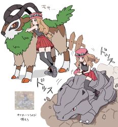  1girl bag black_shoes closed_mouth commentary_request eyewear_on_headwear fence game_screenshot_inset gogoat hat highres kuru_(4rfw7) leaning long_hair low-tied_long_hair pink_bag pink_hat pleated_skirt pokemon pokemon_(creature) pokemon_x_and_y red_skirt reference_inset rhyhorn riding riding_pokemon rock screenshot_inset serena_(pokemon) shirt shoes skirt sleeveless sleeveless_shirt sunglasses thigh-highs 