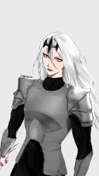  1girl absurdres aegyo_sal arm_guards armor breastplate commentary crown english_commentary grey_eyes highres holding holding_sword holding_weapon long_hair nephis_(shadow_slave) red_lips sayg15000 serious shadow_slave shoulder_armor solo sword weapon white_hair 