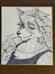  1boy animal_ears artist_name biceps black_tank_top commentary_request dog_boy dog_ears dog_tags furry furry_male greyscale grin harukaze_(harukaze110) hatching_(texture) highres holding_dog_tags jewelry kouya_aotsuki linear_hatching long_hair looking_at_viewer male_focus monochrome morenatsu muscular muscular_male necklace smile tank_top traditional_media twitter_username 