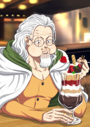  1boy arm_on_table blurry blurry_background cape chewing collarbone commentary_request elbow_on_table food food_in_mouth fruit glasses glutton highres ice_cream long_sleeves male_focus mature_male musasabiop old old_man one_piece orange_shirt pectoral_cleavage pectorals pocky round_eyewear scar scar_across_eye scar_on_face shirt silvers_rayleigh solo strawberry sundae white_cape white_hair 
