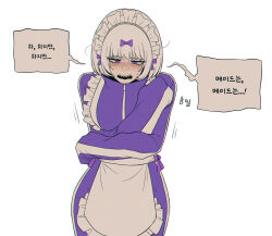  1girl apron breasts commentary_request embarrassed grey_hair highres jersey_maid kira_(project_moon) korean_commentary korean_text limbus_company long_sleeves looking_at_viewer maid maid_apron maid_headdress misg1111 open_mouth project_moon purple_track_suit sharp_teeth solo speech_bubble sweat teeth track_suit translation_request unconventional_maid violet_eyes 