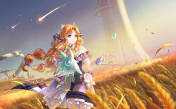  1girl absurdres bare_shoulders braid braided_sidelocks commentary evening fingerless_gloves gloves green_eyes hand_up highres jacket long_hair looking_to_the_side orange_hair outdoors parted_lips purple_jacket sidelocks sigrika_(wuthering_waves) soliskin_(wuthering_waves) solo turning_head white_gloves white_jacket whyte_srsn wuthering_waves 