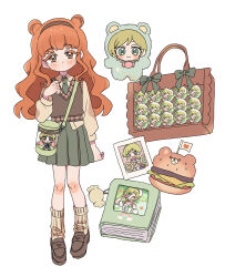  2girls bag blue_eyes blush blush_stickers bow brown_eyes brown_hairband brown_shoes brown_sweater_vest burger chibi closed_mouth collared_shirt commentary_request double_bun flag food full_body green_bow green_hair green_necktie green_skirt hair_bun hairband hand_up highres himitsu_no_aipri long_hair long_sleeves looking_at_viewer mitsuba_airi multiple_girls necktie orange_hair photo_(object) photo_album pleated_skirt pnt_0202 pretty_series ribbed_socks school_uniform shinomiya_rinrin shirt shoes short_hair simple_background skirt smile socks standing sweater_vest white_background yellow_shirt yellow_socks 