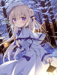  1girl absurdres artist_name bare_tree bell beret blonde_hair blue_bow blue_ribbon blush bow braid braided_hair_rings breath building capelet cowboy_shot dengeki_moeoh dress dress_bow dutch_angle from_behind hair_bell hair_between_eyes hair_ornament hair_ribbon hair_rings hat highres holding holding_lantern lantern long_dress long_hair long_sleeves looking_at_viewer looking_back magazine_scan miyasaka_miyu night original outdoors parted_lips ribbon scan sidelocks snow snowing solo standing third-party_source tree violet_eyes white_capelet white_dress white_hat 