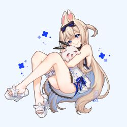  1girl absurdres animal_ears animal_hug bare_shoulders black_bow blonde_hair blue_eyes blue_nails bow dress feet hair_between_eyes hair_bow highres indie_virtual_youtuber k_kiraah legs long_hair looking_at_viewer rabbit_ears rabbit_girl rabbit_tail smile tail thighs toes very_long_hair virtual_youtuber white_dress yenko_(vtuber) 