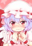  1girl blue_hair blush dra fang hat looking_at_viewer red_eyes remilia_scarlet slit_pupils solo tears touhou wavy_mouth wrist_cuffs 
