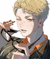  1boy blonde_hair commentary glasses haikyuu!! highres karasuno_volleyball_uniform kuby_hq looking_at_viewer one_eye_closed parted_lips portrait removing_eyewear short_hair simple_background solo sportswear sweat tsukishima_kei twitter_username untranslatable_commentary very_short_hair volleyball_uniform white_background yellow_eyes 