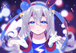  1girl animal_ears blowing_kiss blue_eyes blue_hairband blue_jacket blue_sports_bra blush breasts commentary_request ear_covers fingerless_gloves gloves grey_hair hair_between_eyes hairband headband horse_ears horse_girl jacket lightning_bolt_print lightning_bolt_symbol long_hair long_sleeves looking_at_viewer multicolored_hairband parted_lips red_headband rinen small_breasts sports_bra striped_clothes striped_hairband tamamo_cross_(fast_as_lightning)_(umamusume) tamamo_cross_(umamusume) two-tone_hairband umamusume umapyoi_densetsu upper_body very_long_hair white_gloves 