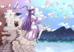  1girl bird book book_stack bow clouds crescent feathers hat highres ko_kita long_hair mountain pages patchouli_knowledge purple_hair ribbon solo touhou very_long_hair violet_eyes 