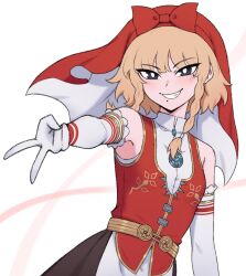  1girl black_eyes blonde_hair bow braid bright_pupils commentary cosplay demon_(megami_tensei) detached_sleeves edmonmondo english_commentary esther_(edmonmondo) gyaru_v highres hood_bow idunn_(megami_tensei) idunn_(megami_tensei)_(cosplay) looking_at_viewer mole mole_under_mouth original red_bow red_hood shin_megami_tensei shin_megami_tensei_v smile solo standing teeth twin_braids v white_background white_pupils 