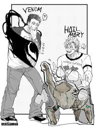  2boys alien beard beard_stubble casual commentary_request ebisgunman eddie_brock facial_hair marvel messy_hair monster_boy multiple_boys parasite project_hail_mary rocky_(project_hail_mary) ryland_grace slime_boy sony's_spider-man_universe spider-man_(series) stubble symbiote venom_(2018) venom_(marvel) 