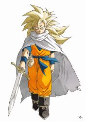  1boy alternate_hairstyle black_boots blonde_hair blue_sash blue_shirt boots cape commentary_request dougi dragon_ball dragon_ball_z full_body highres holding holding_sword holding_weapon kakeru_(dbskakeru) long_hair male_focus orange_pants orange_shirt pants sash shirt simple_background solo son_gohan spiky_hair super_saiyan super_saiyan_1 sword weapon white_background white_cape 