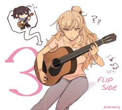  2girls ? ?? arrow_(symbol) artist_name black_hair blonde_hair blue_eyes blue_shirt bracelet class_of_09 class_of_09:_the_flip_side collarbone ear_piercing feet_out_of_frame gold_bracelet grey_pants guitar hair_bun heart heart_necklace highres instrument invisible_chair jecka_(class_of_09) jewelry kiminkiis long_hair looking_down multiple_bracelets multiple_girls music musical_note necklace nicole_(class_of_09) numbered orange_shirt pants parted_lips piercing playing_guitar playing_instrument ponytail shirt short_hair short_sleeves sidelocks simple_background sitting sweatdrop white_background yellow_eyes 