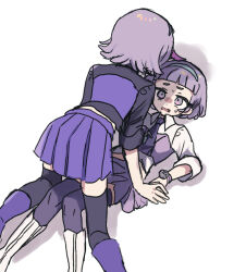  2girls all_fours black_shirt black_thighhighs blue_hairband boots character_request collared_shirt commentary_request fang feet_out_of_frame hairband himitsu_no_aipri knee_boots lying mamiya_chii miniskirt multiple_girls necktie on_back open_mouth pleated_skirt pnt_0202 pretty_series purple_boots purple_hair purple_necktie purple_skirt shirt short_hair short_sleeves simple_background skirt sweat thigh-highs violet_eyes white_background white_shirt yuri zettai_ryouiki 