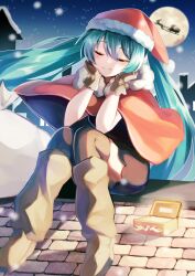  1girl black_dress black_thighhighs blush brown_gloves brown_shoes capelet closed_eyes commentary_request double-parted_bangs dress full_body fur-trimmed_capelet fur-trimmed_headwear fur_trim gloves hair_between_eyes hat hatsune_miku highres leg_warmers long_hair mani_(manidrawings) moon night on_rooftop red_capelet red_hat reindeer sack santa_costume santa_hat shoes sidelocks sitting sky sleigh smile solo star_(sky) thigh-highs twintails very_long_hair vocaloid 